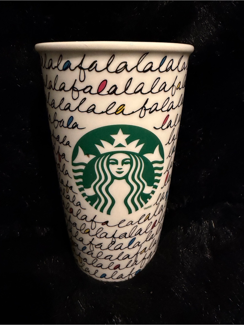 Starbucks White Ceramic Tumbler with Green Logo and Multicolor Accents